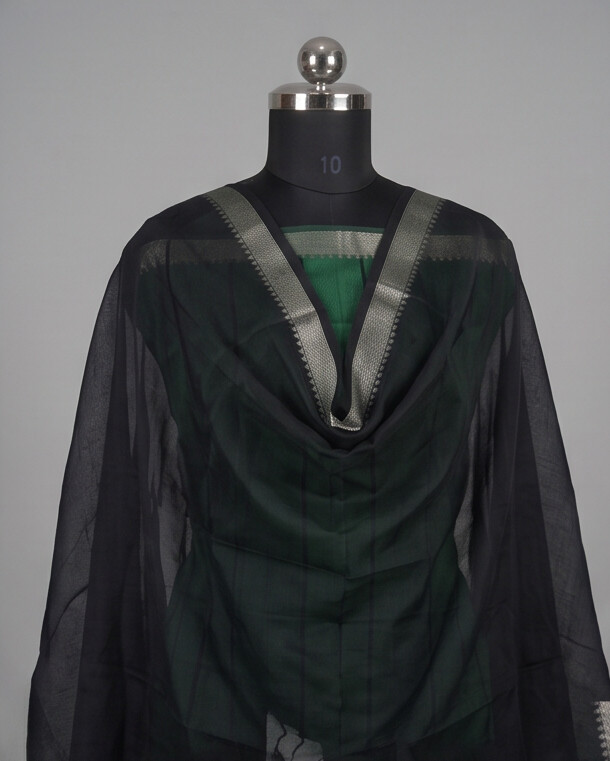 HANDLOOM COTTON NIZAM BORDER - Black & Bottle Green