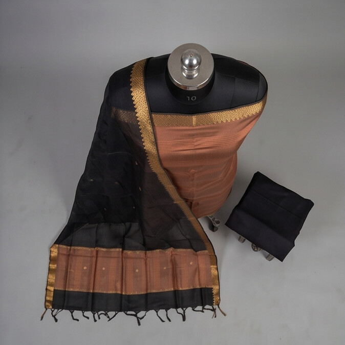 Handloom Silk Zari Butta Dress Material - Rust & Black