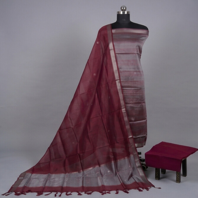 Handloom Silk Zari Butta Dress Material - Red