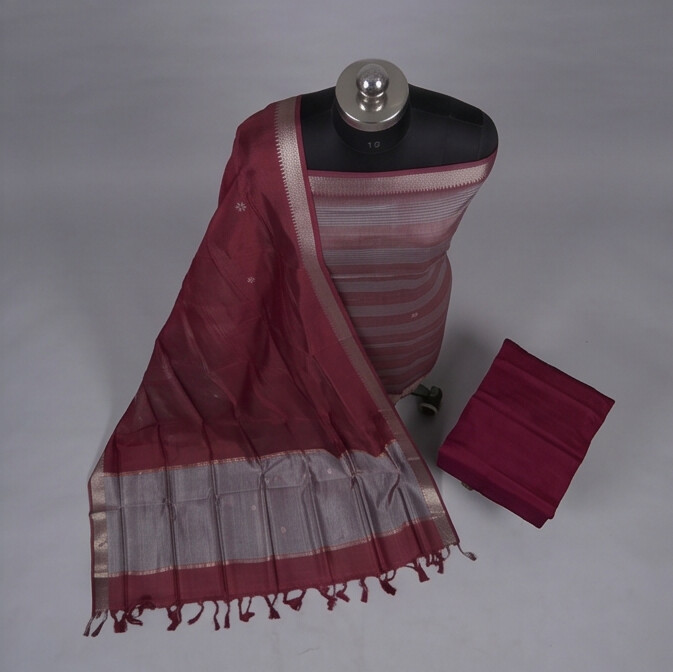 Handloom Silk Zari Butta Dress Material - Red