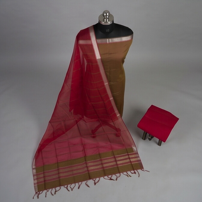 Handloom Silk Zari Butta Dress Material - Maroon & Brown