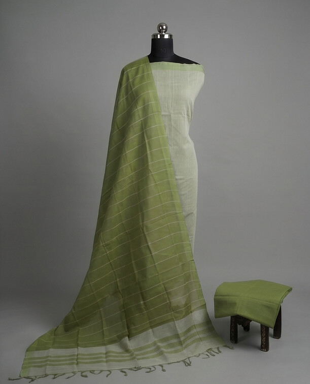 HANDLOOM COTTON CHUDI SETS - Light Olive Green with Light Green