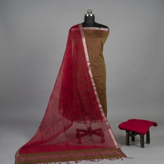 Handloom Silk Zari Butta Dress Material - Maroon & Brown