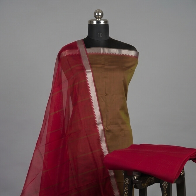 Handloom Silk Zari Butta Dress Material - Maroon & Brown