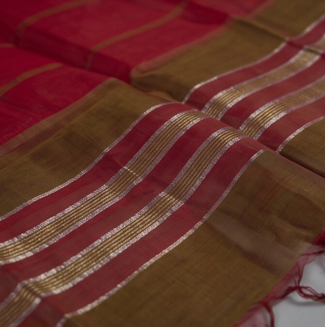 Handloom Silk Zari Butta Dress Material - Maroon & Brown