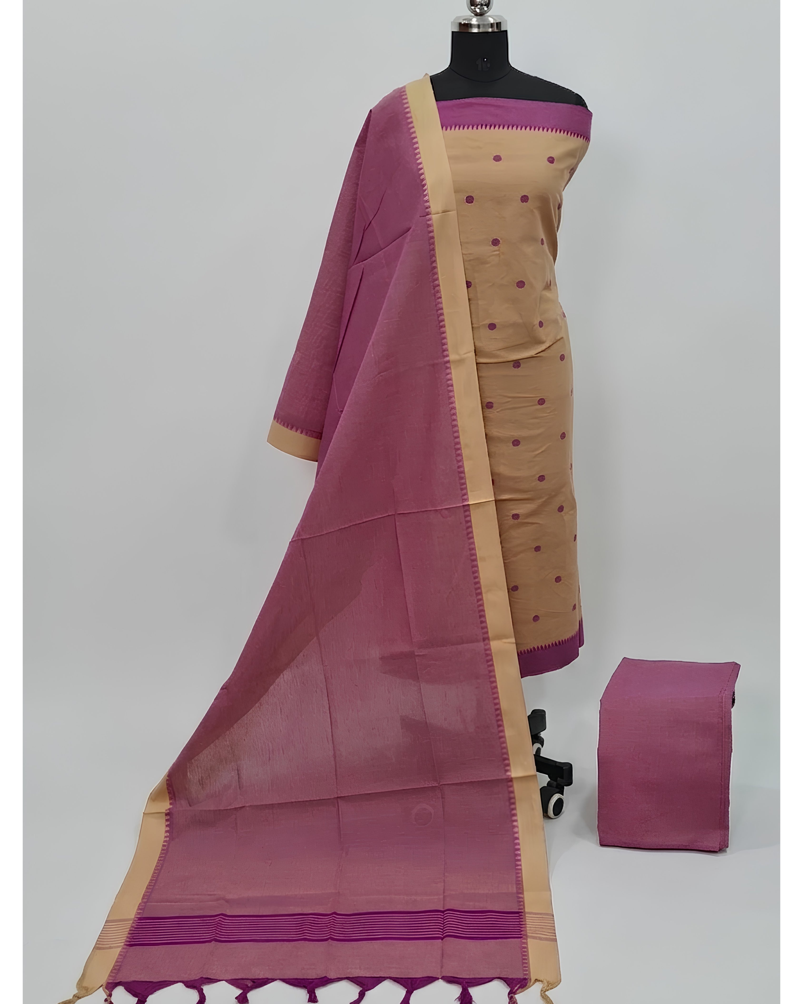 SOUTH COTTON CHUDI SET - BEIGE WITH MUTED PURPLE