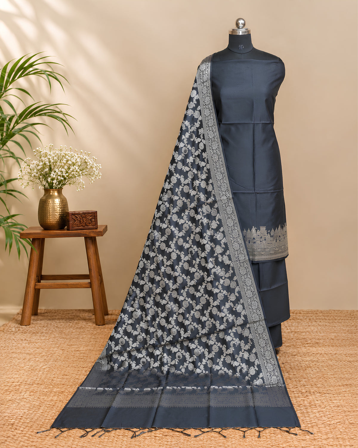 Black Silk Cotton Banarasi Dupatta from S Fabs showcasing intricate gold zari work and traditional craftsmanship.