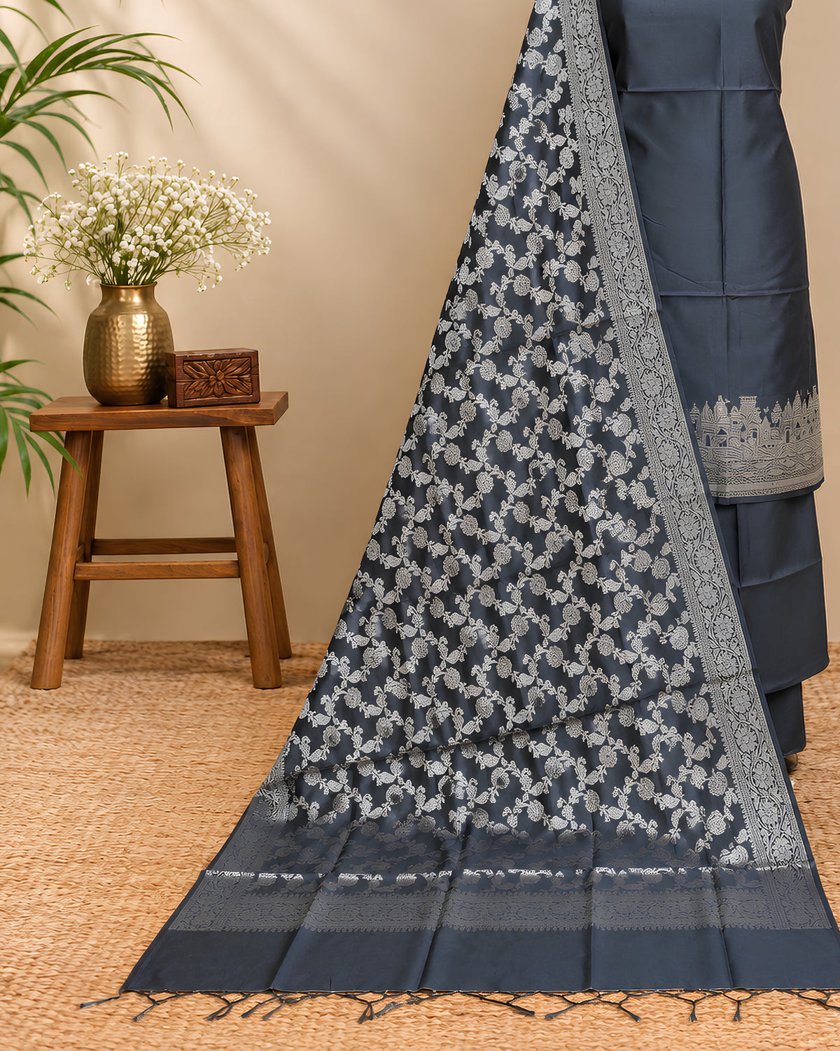 Black Silk Cotton Banarasi Dupatta by S Fabs showcasing intricate gold zari work on soft, luxurious fabric.