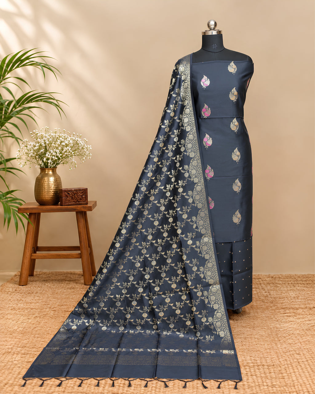 Black Banarasi Chudi set from S Fabs, featuring traditional jewelry with intricate gold detailing on black bangles.