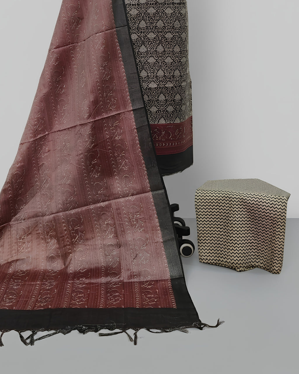 TISSUE SILK DIGITAL CHUDI SETS - CHARCOAL GREY WITH DUSTY ROSE