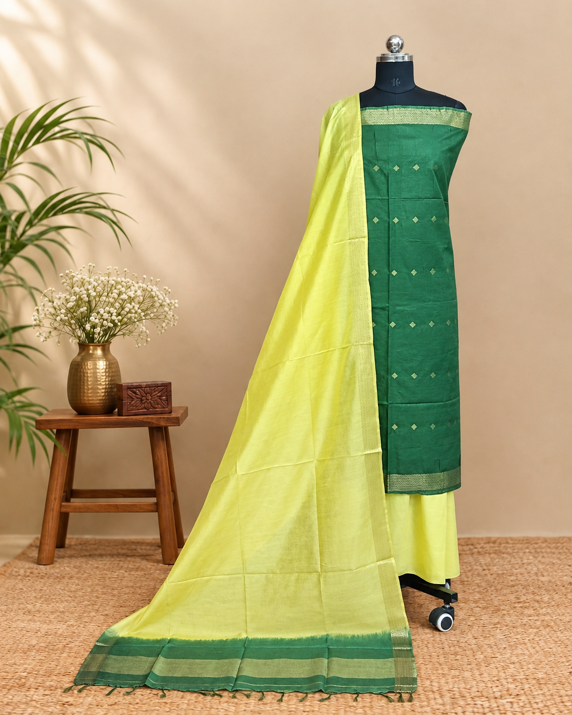 Semi Tussar Butta - Green - Pale Yellow