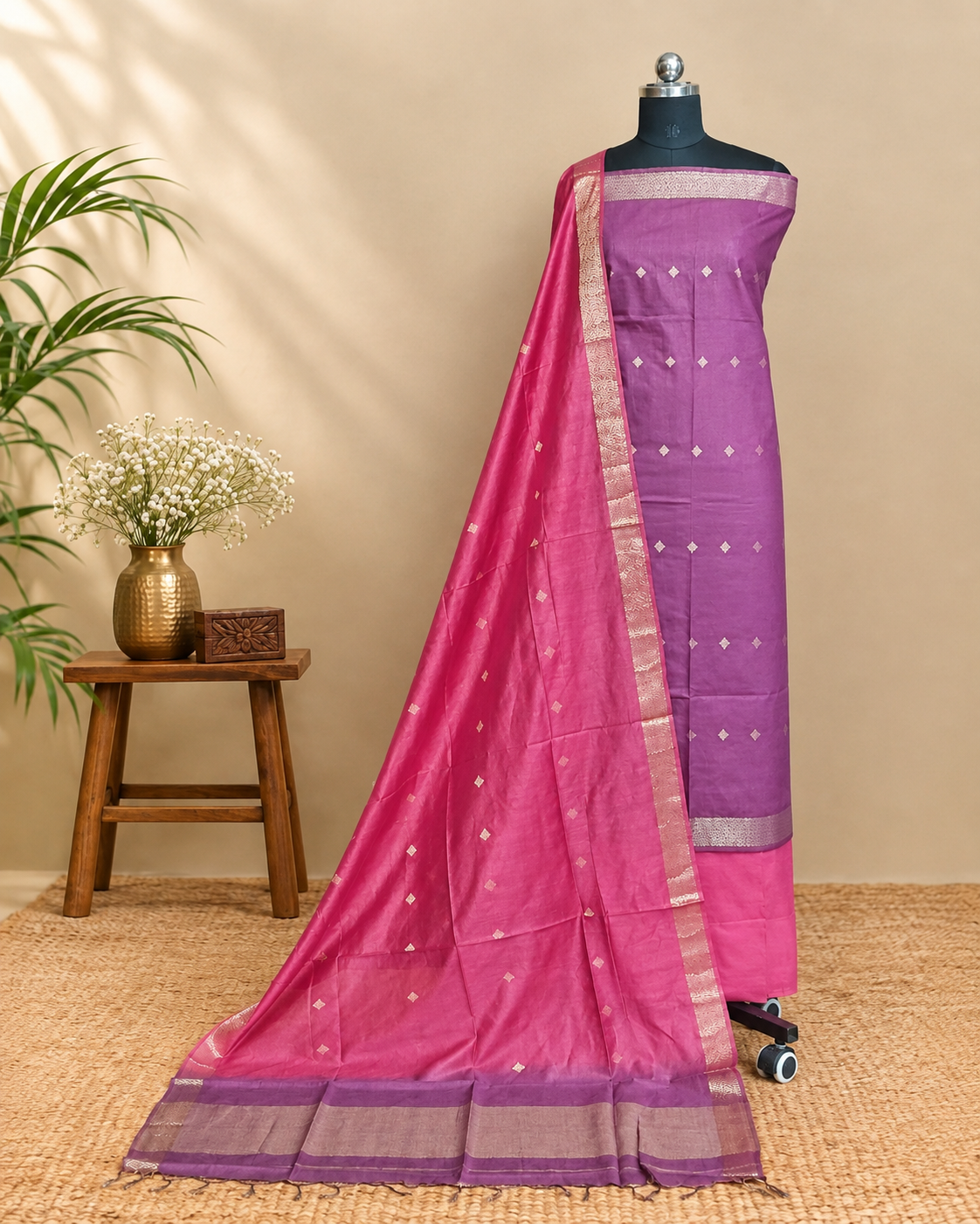 Semi Tussar Butta - Dusty purple - Hot Pink