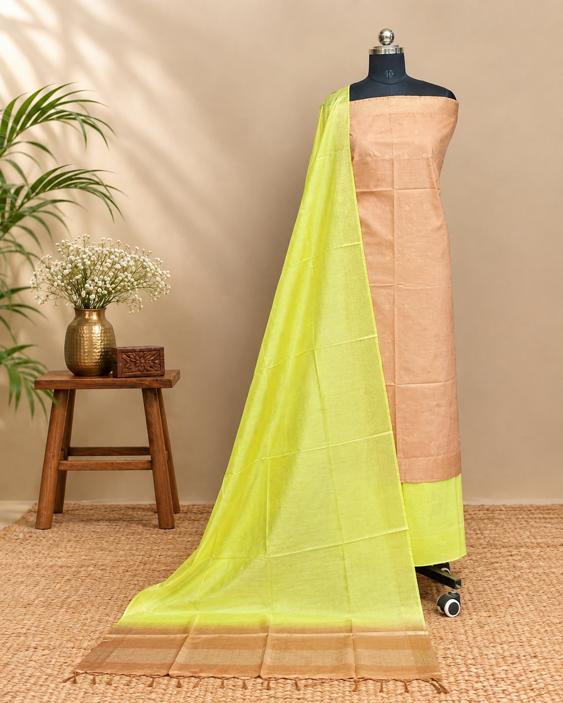 Semi Tussar Butta - Peach - Bright Yellow