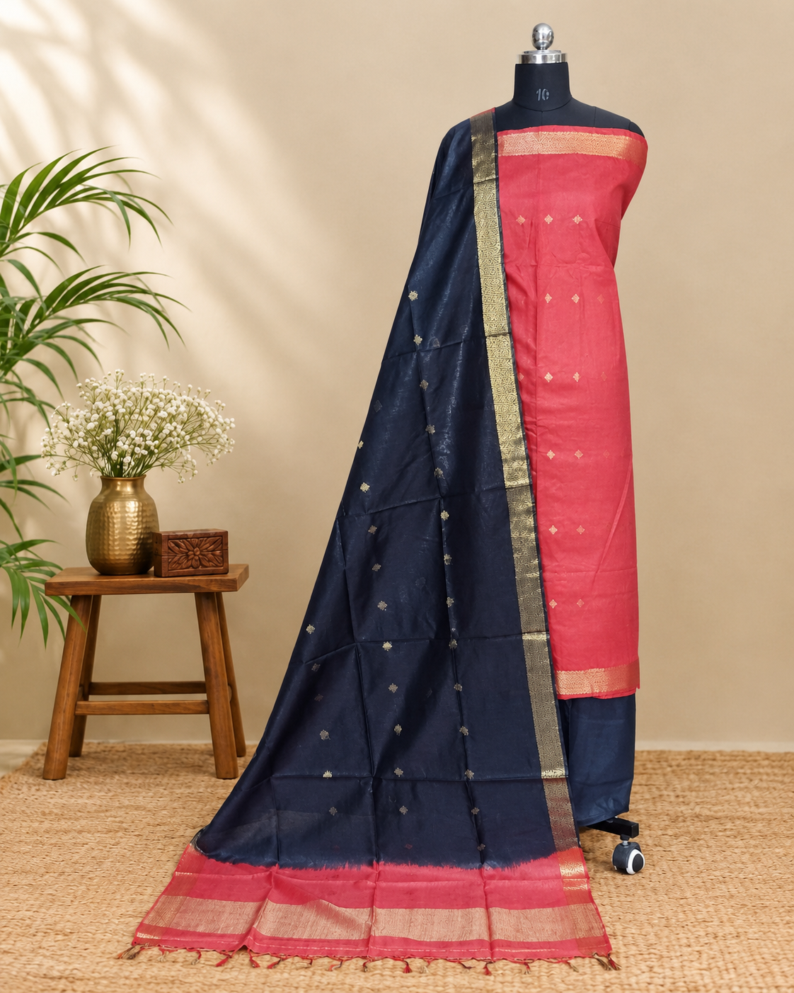 Semi Tussar Butta - Coral Red - Black