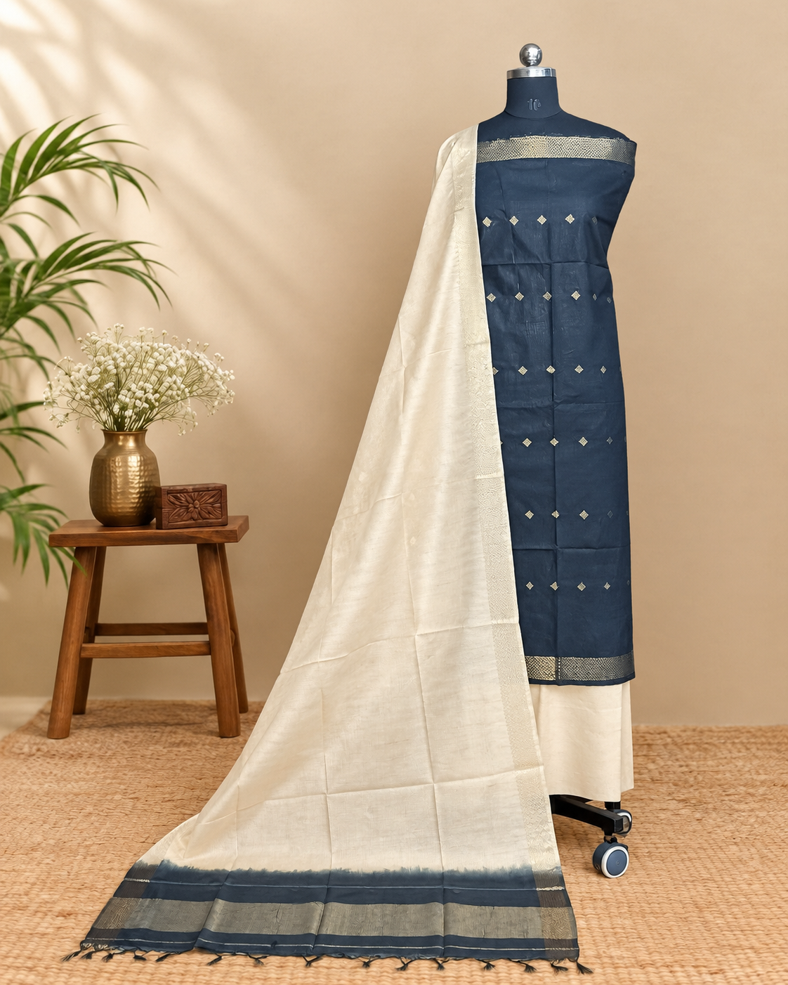Semi Tussar Butta - Black - Cream