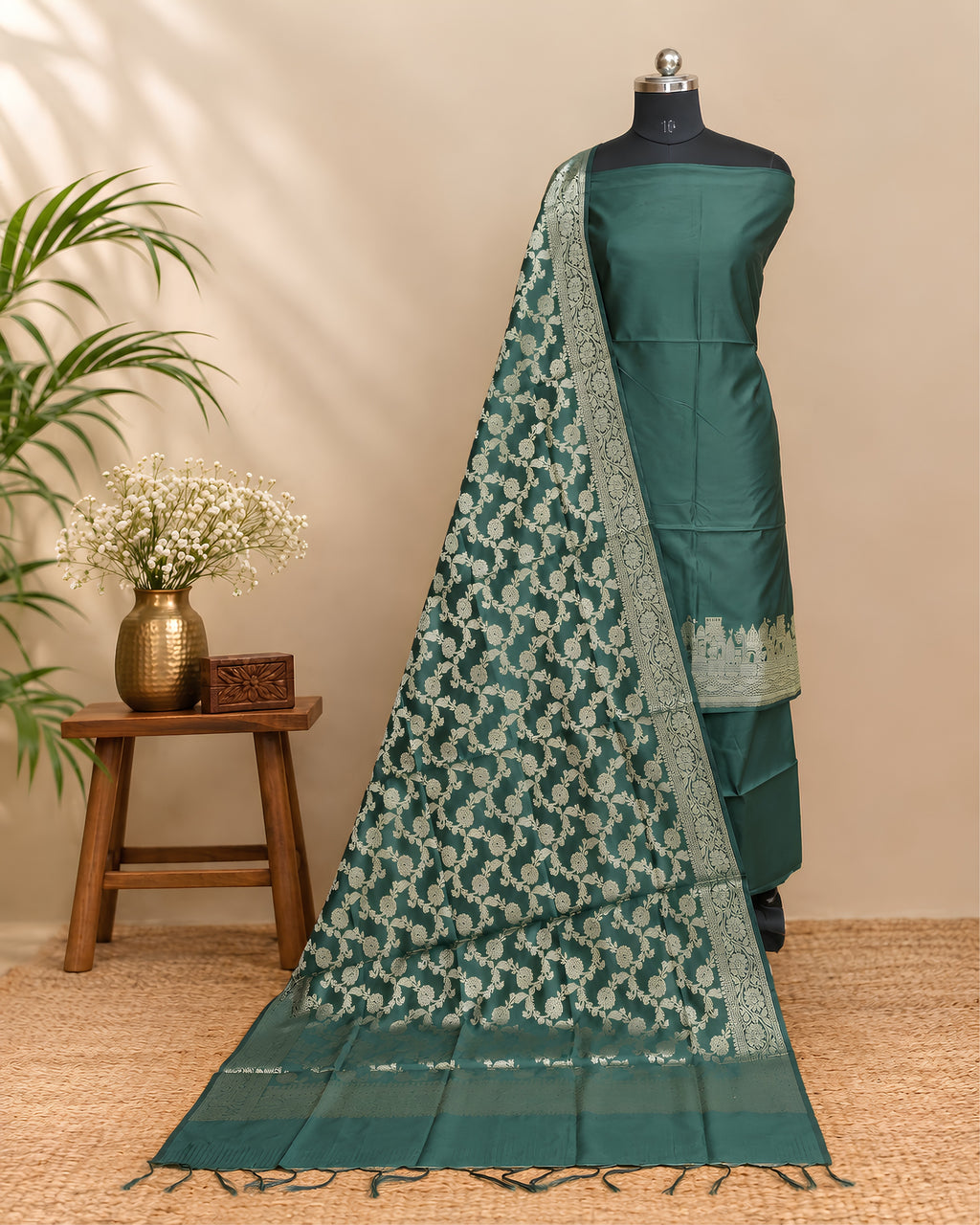 Dark green silk cotton Banarasi dupatta with intricate gold zari work, showcasing traditional craftsmanship from S Fabs.