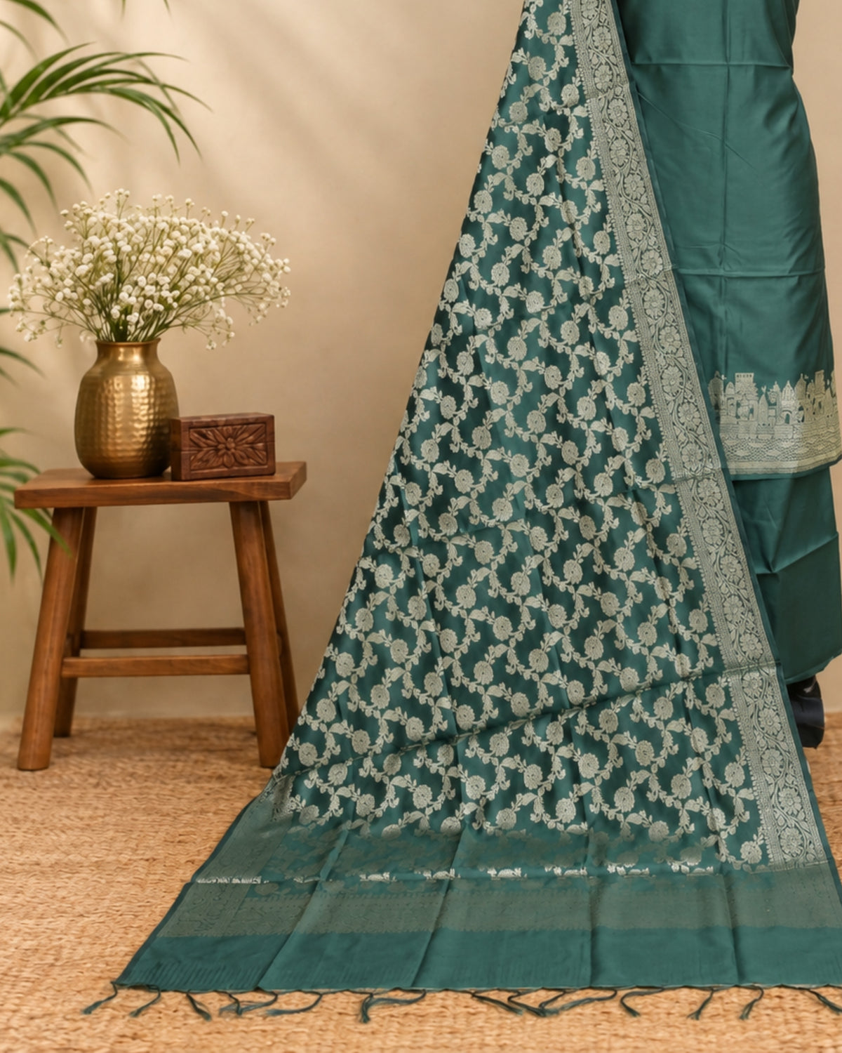 Dark green silk cotton Banarasi dupatta with intricate gold zari work, crafted by S Fabs.