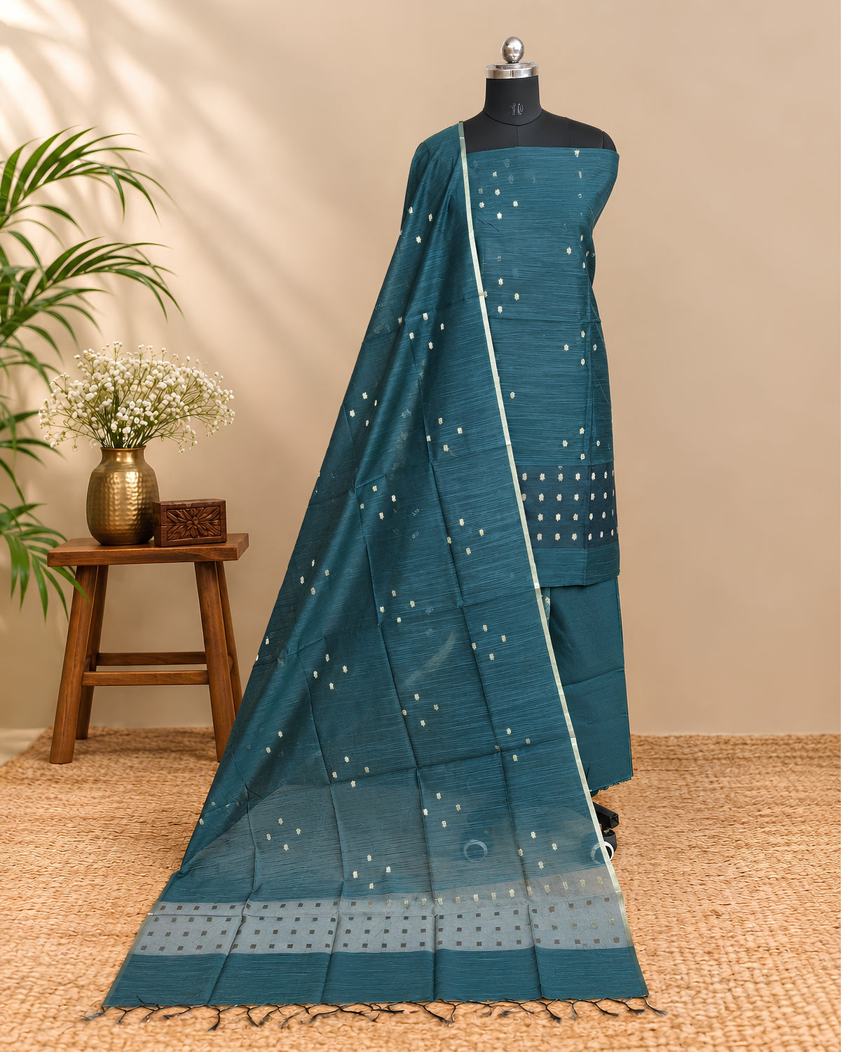 Dark teal blue raw silk organza fabric with delicate butti pattern from S Fabs, perfect for elegant textiles and craft projects.