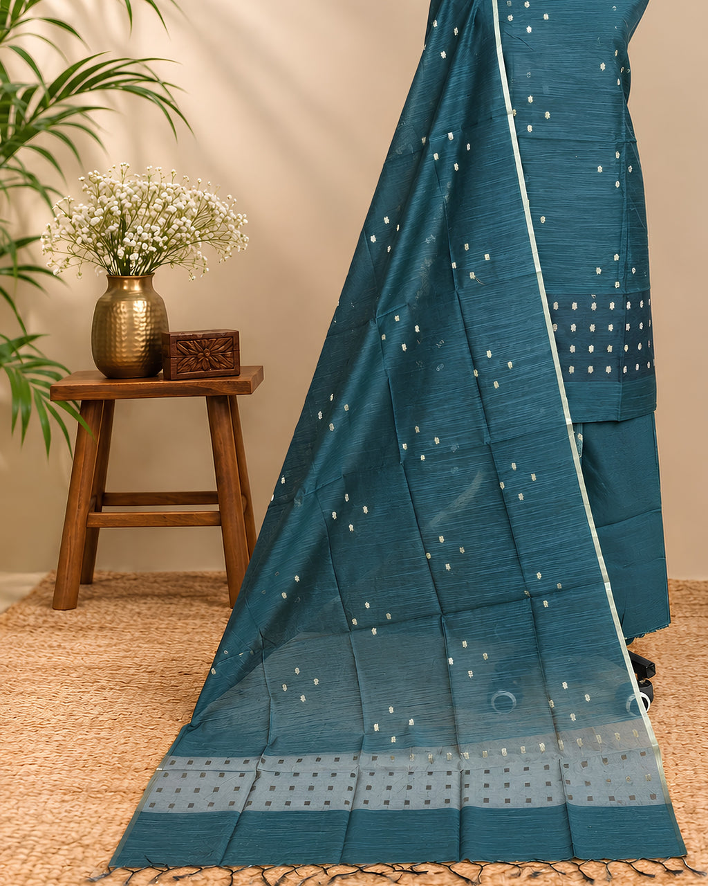Dark teal blue raw silk organza butti fabric from S Fabs, showcasing the elegant, lightweight material with intricate textures.