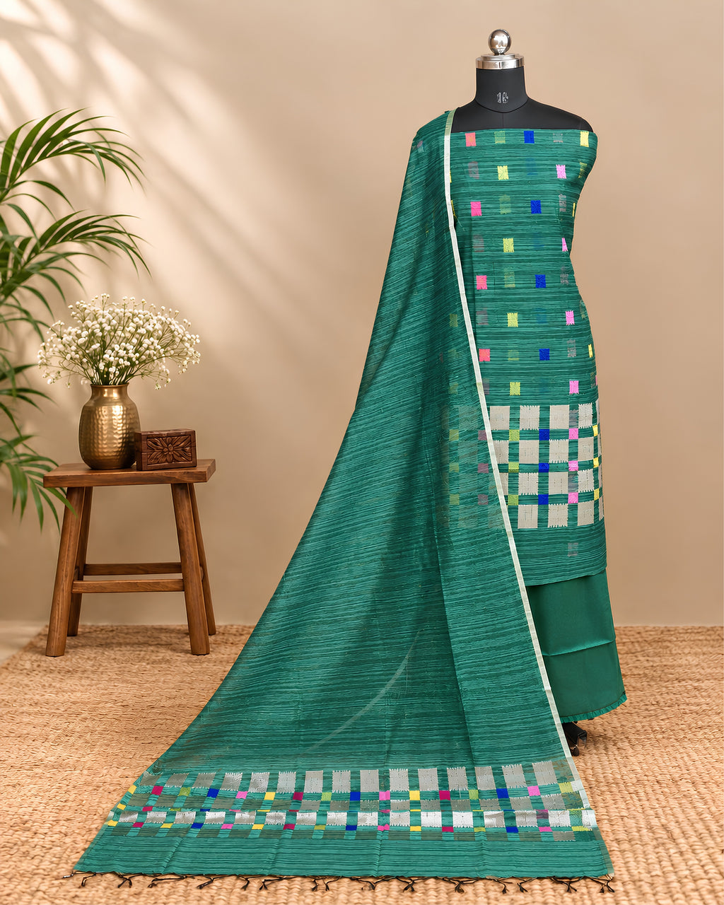 Deep forest green Jamdani weave Chudi set made from high-quality material by S Fabs, showcasing traditional craftsmanship and intricate design.