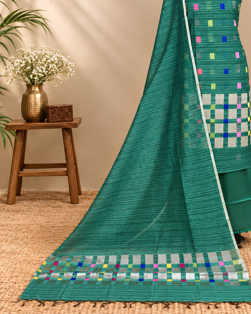 Deep forest green Jamdani weave Chudi set from S Fabs, showcasing intricate traditional textile craftsmanship and rich fabric details.