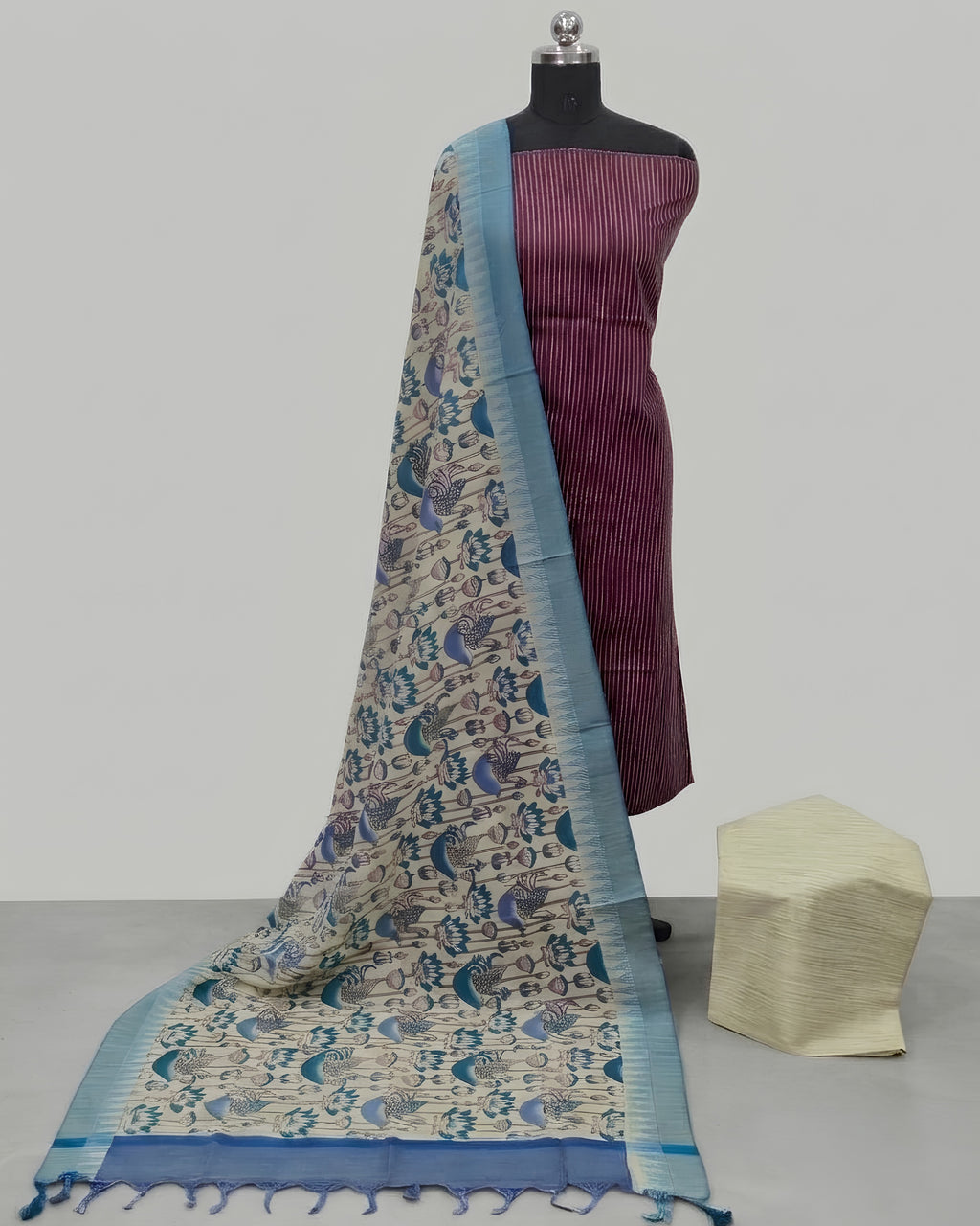 KADHI COTTON PICHWAI PRINTED DUPATTA CHUDI SET - DEEP MAGENTA