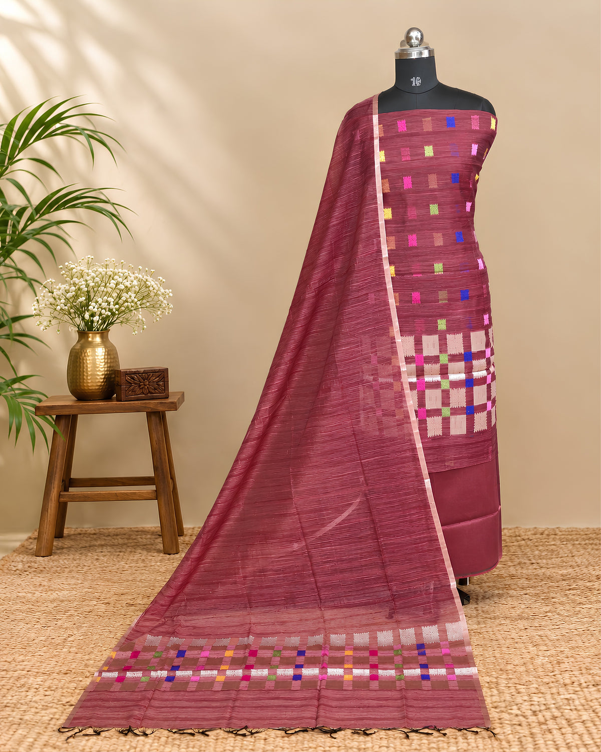 Deep maroon Jamdani weave chudi set fabric from S Fabs, showcasing intricate traditional maroon textile design.