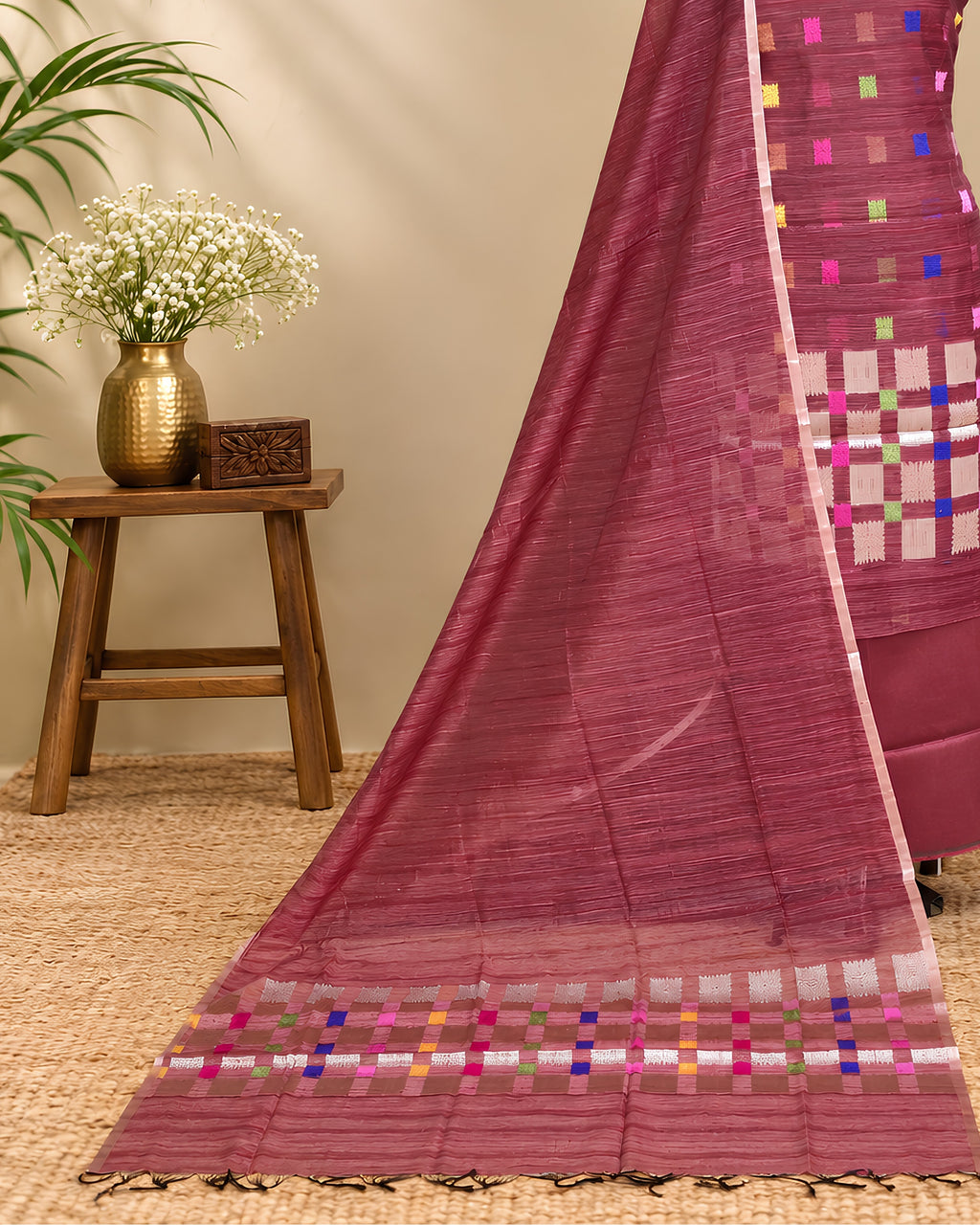 Deep maroon Jamdani weave Chudi set by S Fabs, showcasing intricate traditional textile patterns and craftsmanship.