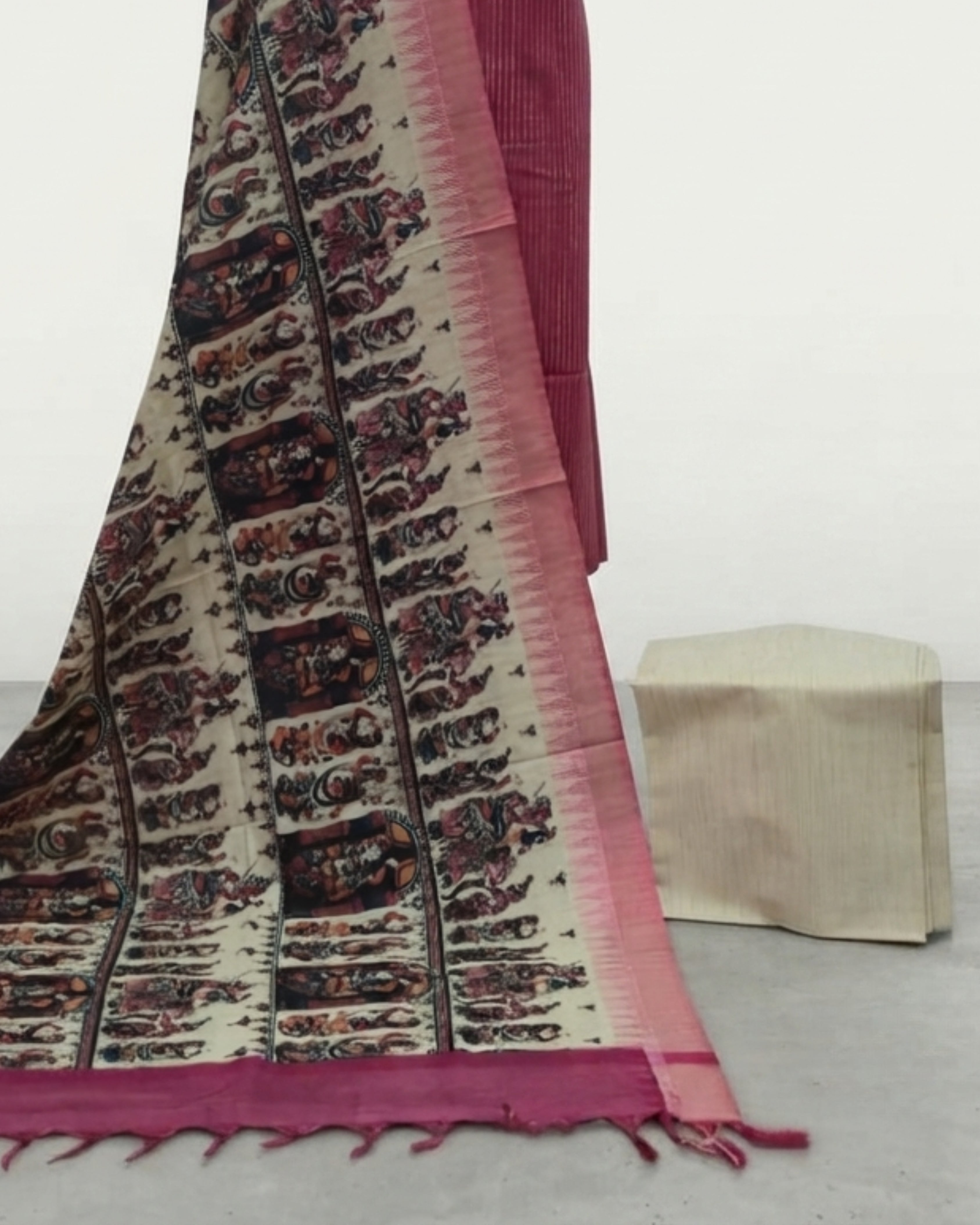 KADHI COTTON KALAMKARI DHUPATTA PRINTED CHUDI SET- DEEP RASBERRY PINK