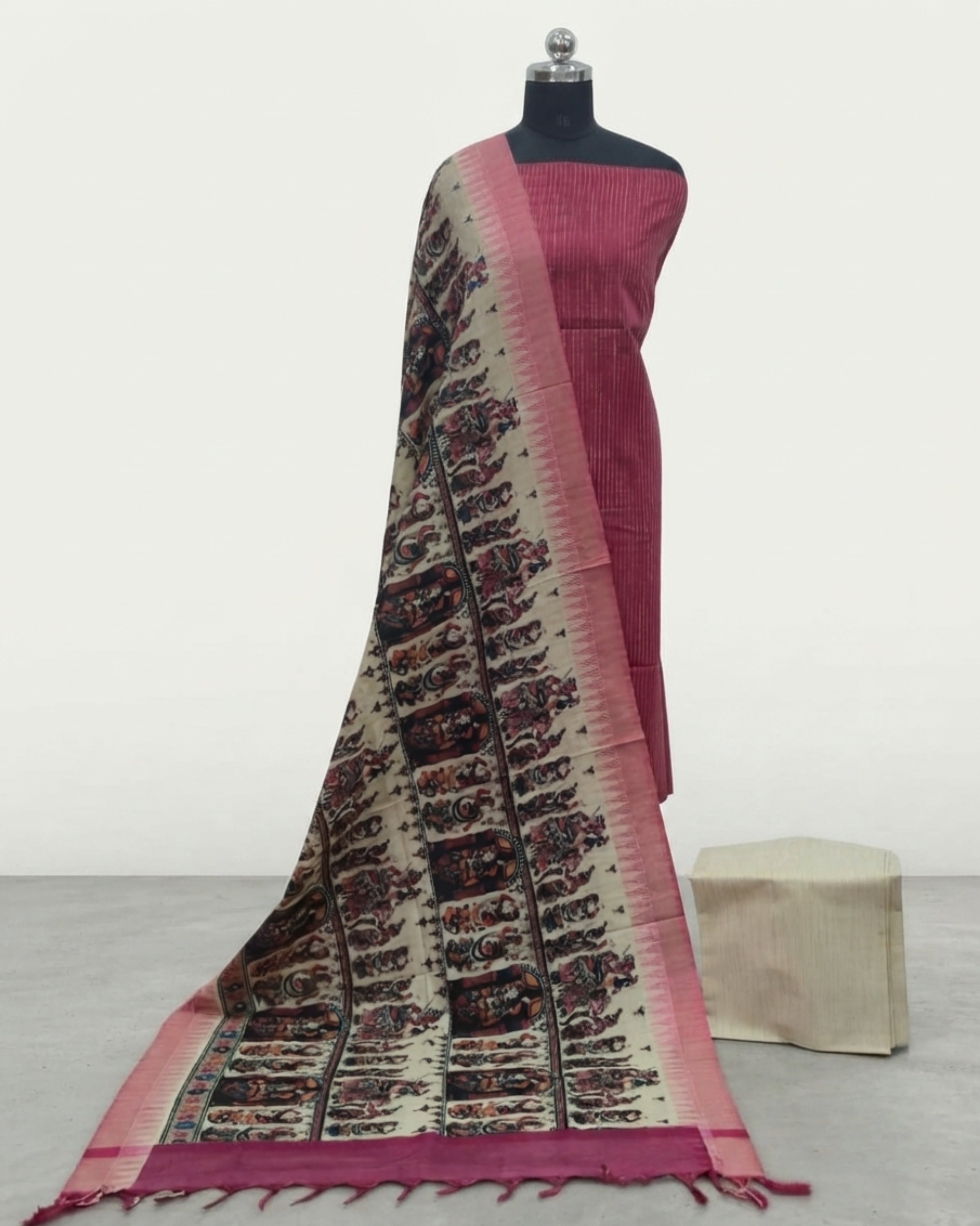 KADHI COTTON KALAMKARI DHUPATTA PRINTED CHUDI SET- DEEP RASBERRY PINK