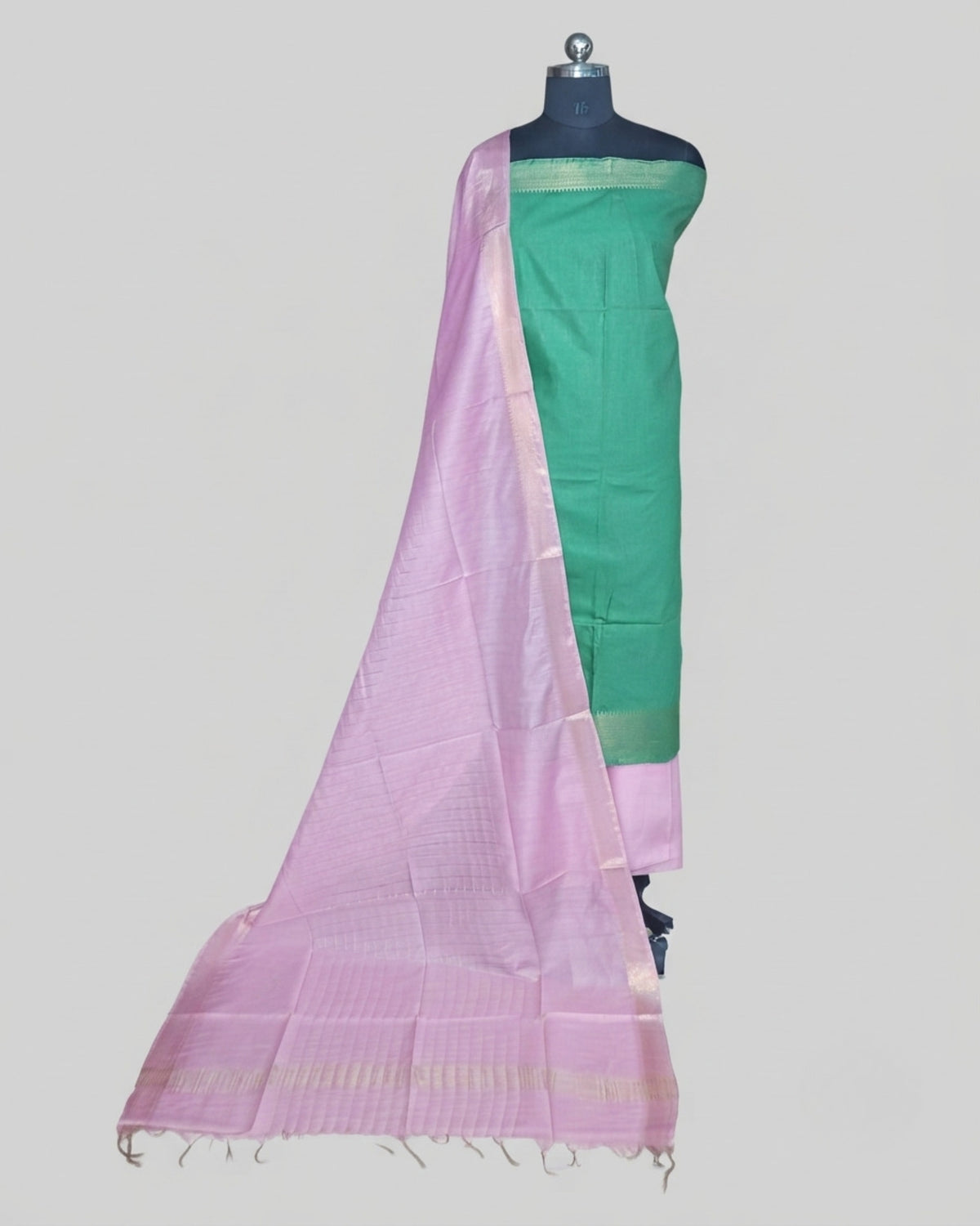 Semi Tussar Plain - Emerald Green - Pale Pink