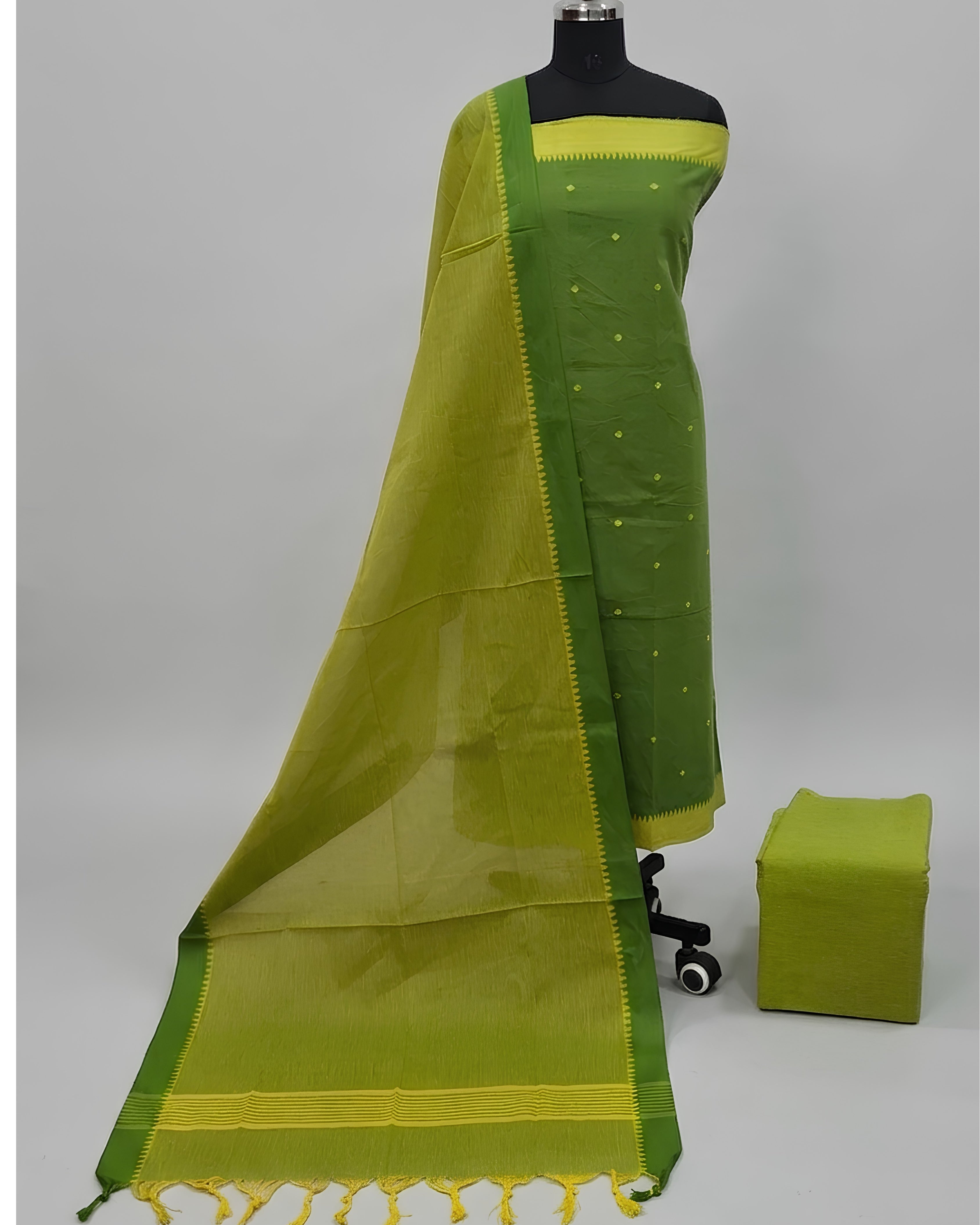 SOUTH COTTON CHUDI SET - LEAF GREEN WITH OLIVE GREEN