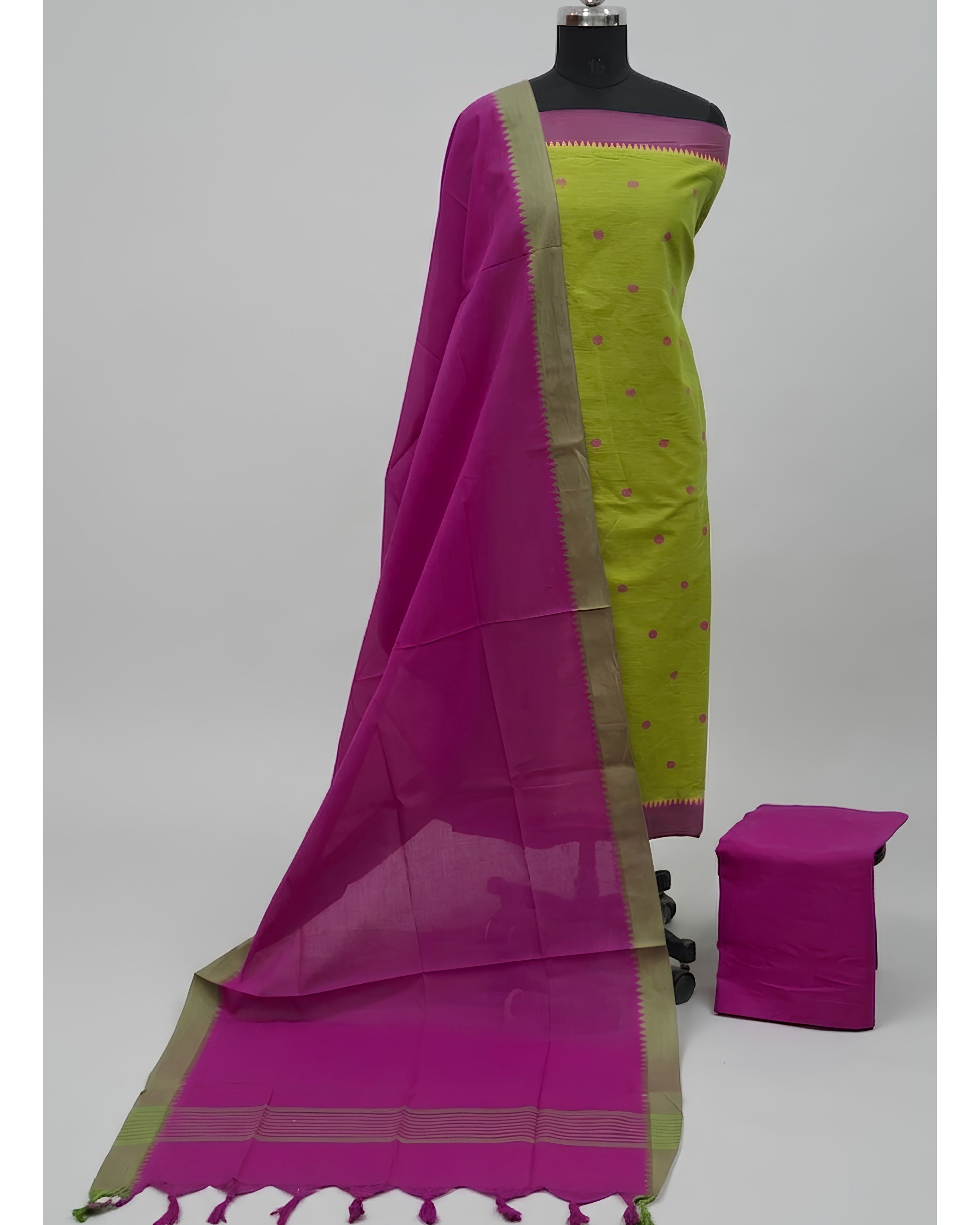 SOUTH COTTON CHUDI SET - LIME GREEN WITH MAGENDA