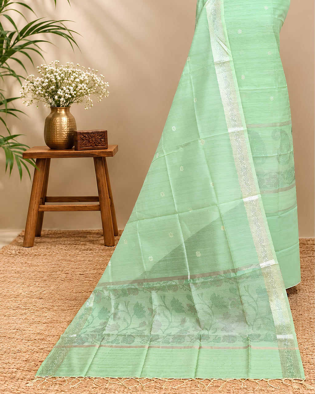 Light green Chanderi Tani print fabric from S Fabs, showcasing intricate traditional textile design and fine material texture.