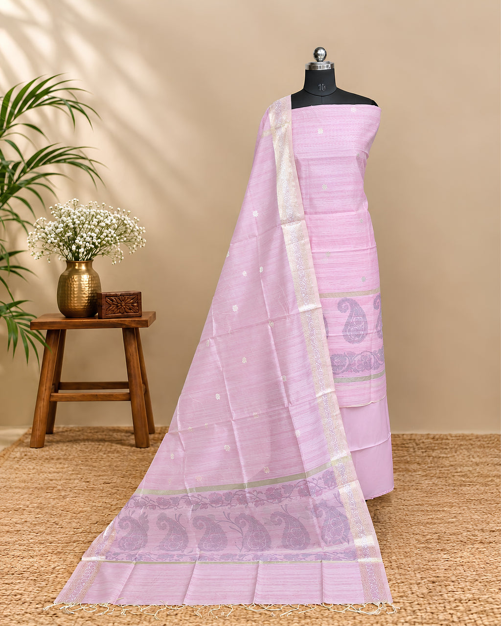 Light pink Chanderi Tani print fabric from S Fabs, showcasing intricate traditional design and delicate texture.