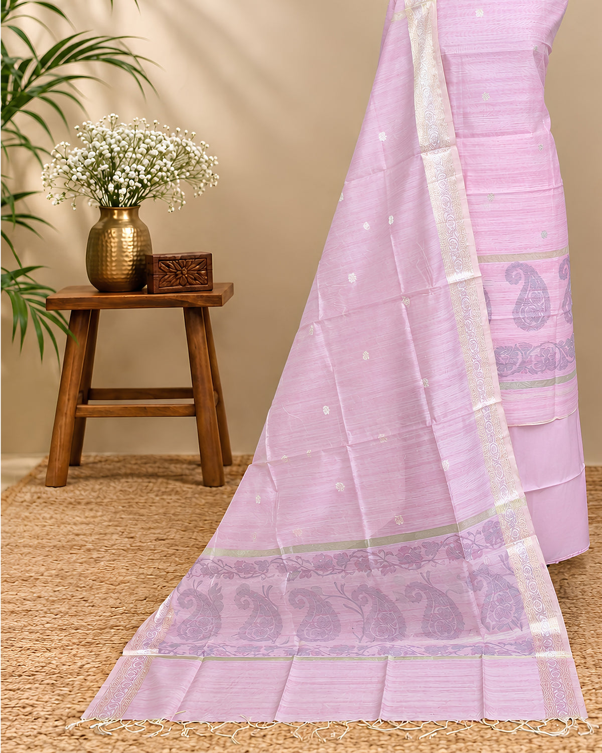 Light pink Chanderi Tani print fabric by S Fabs, showing intricate patterns and soft texture in the material image.