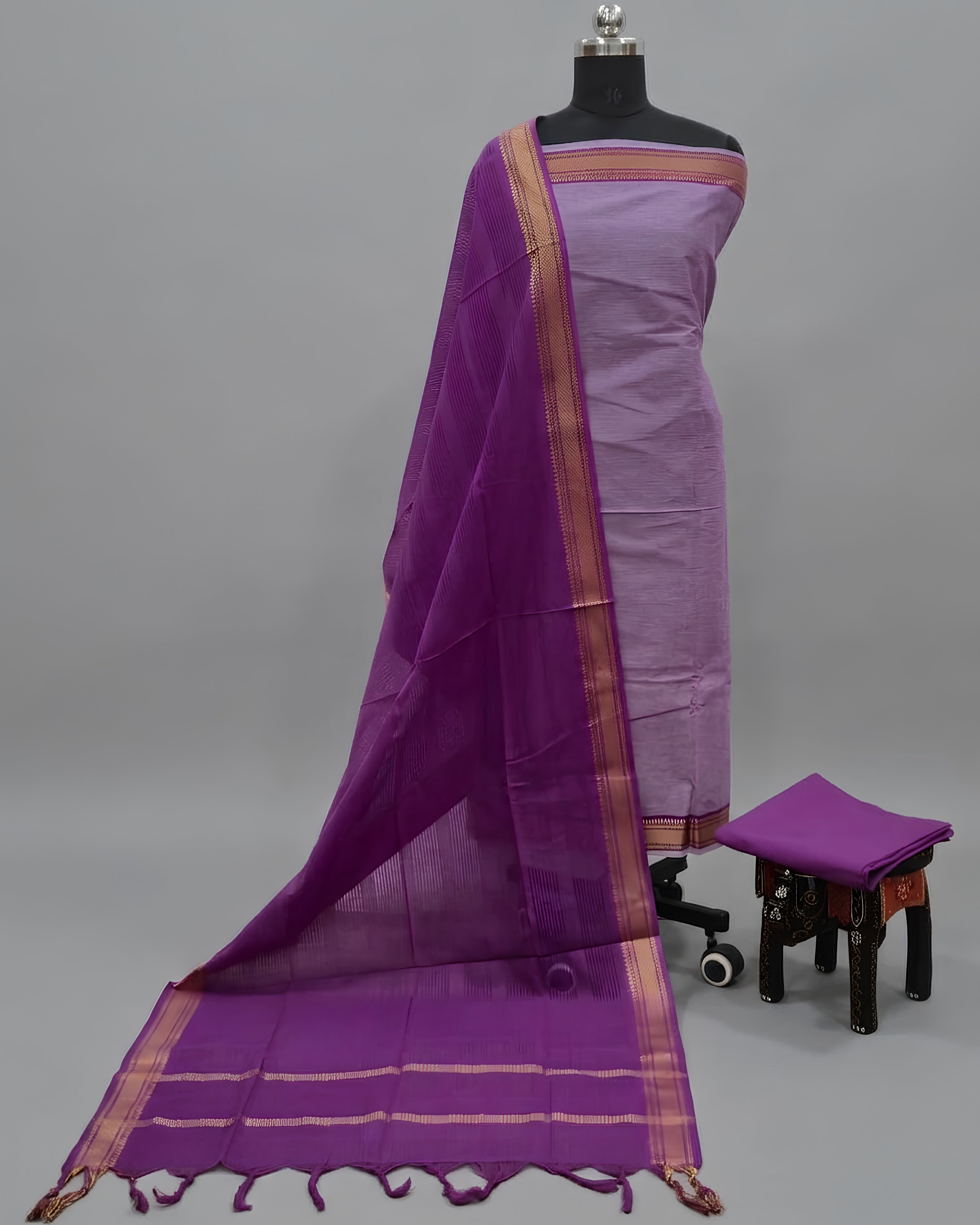 MANGALAGIRI PURE COTTON  ZARI -LILAC WITH PURPLE