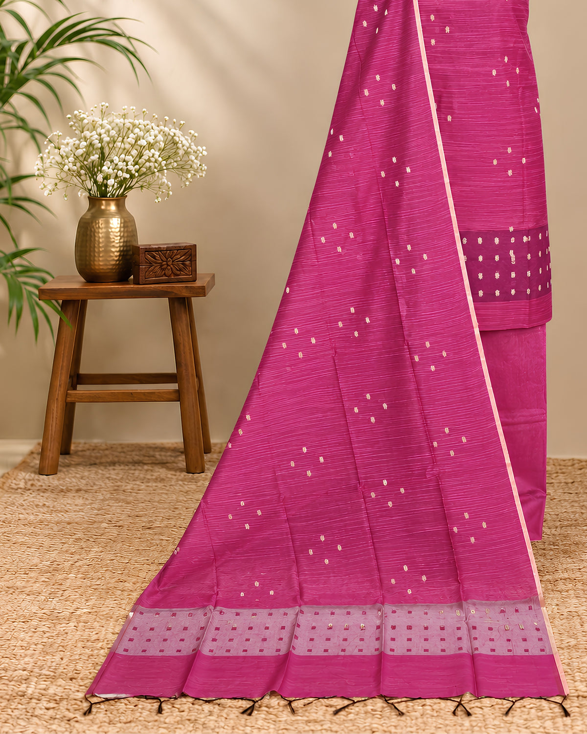 Raw silk organza butti fabric in magenda color by S Fabs, featuring delicate embroidered pattern and lightweight, sheer texture.