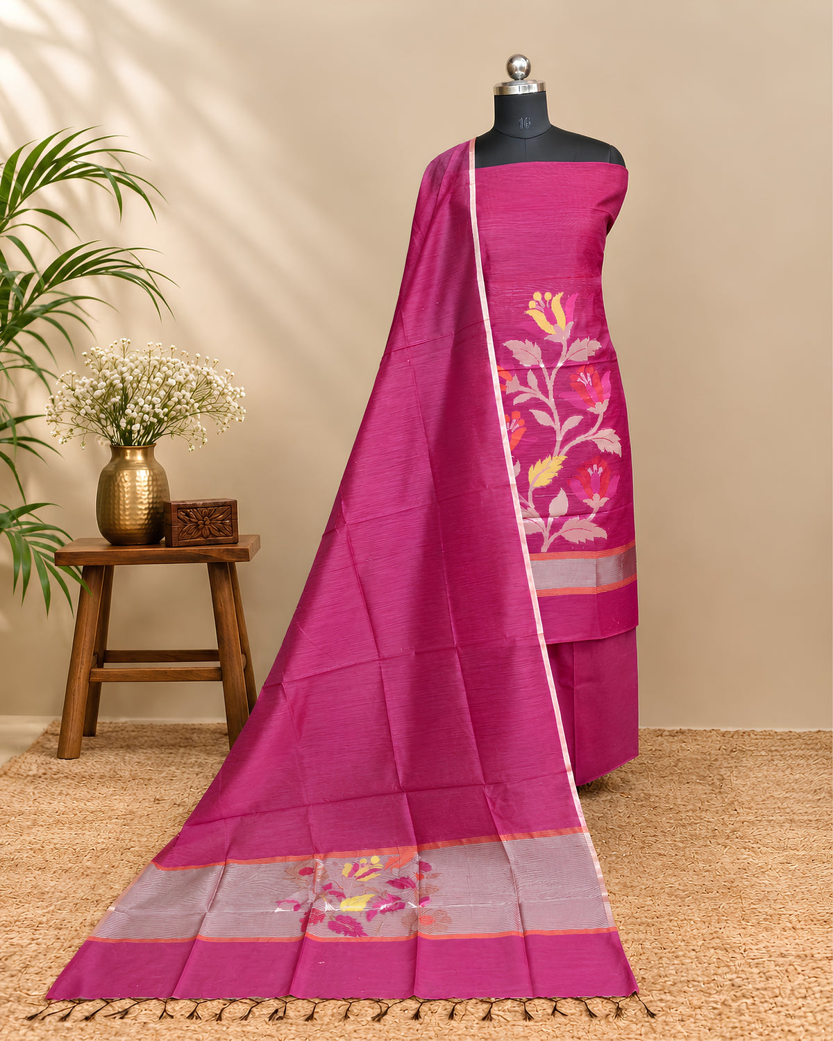 Elegant Chanderi Jamdani Chudi set in magenta fabric with intricate traditional design, from S Fabs.