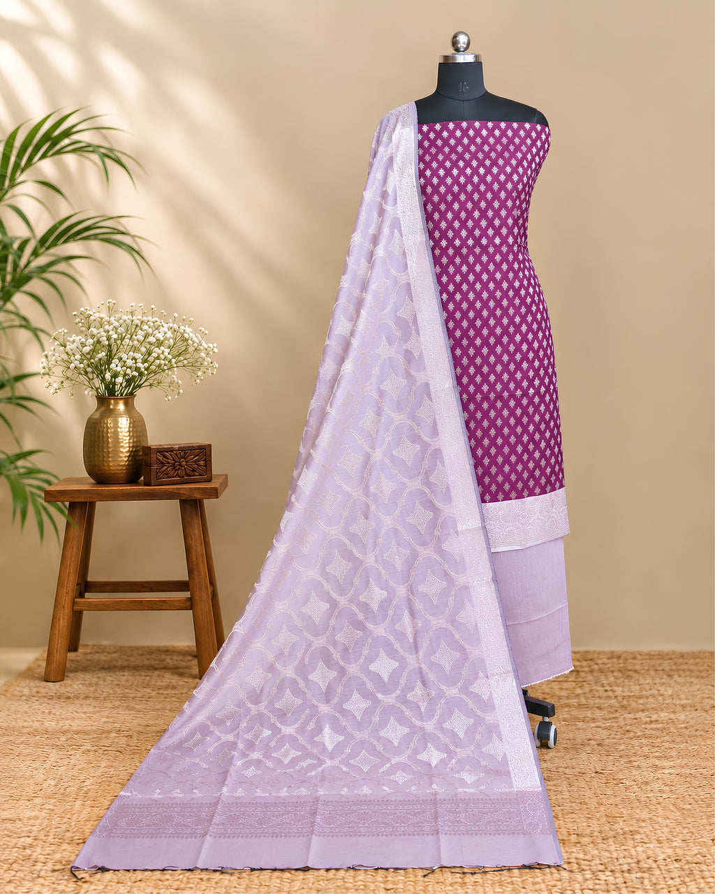 Silk cotton chudi set in lavender and magenta colors by S Fabs, featuring traditional jewelry and fabric details.
