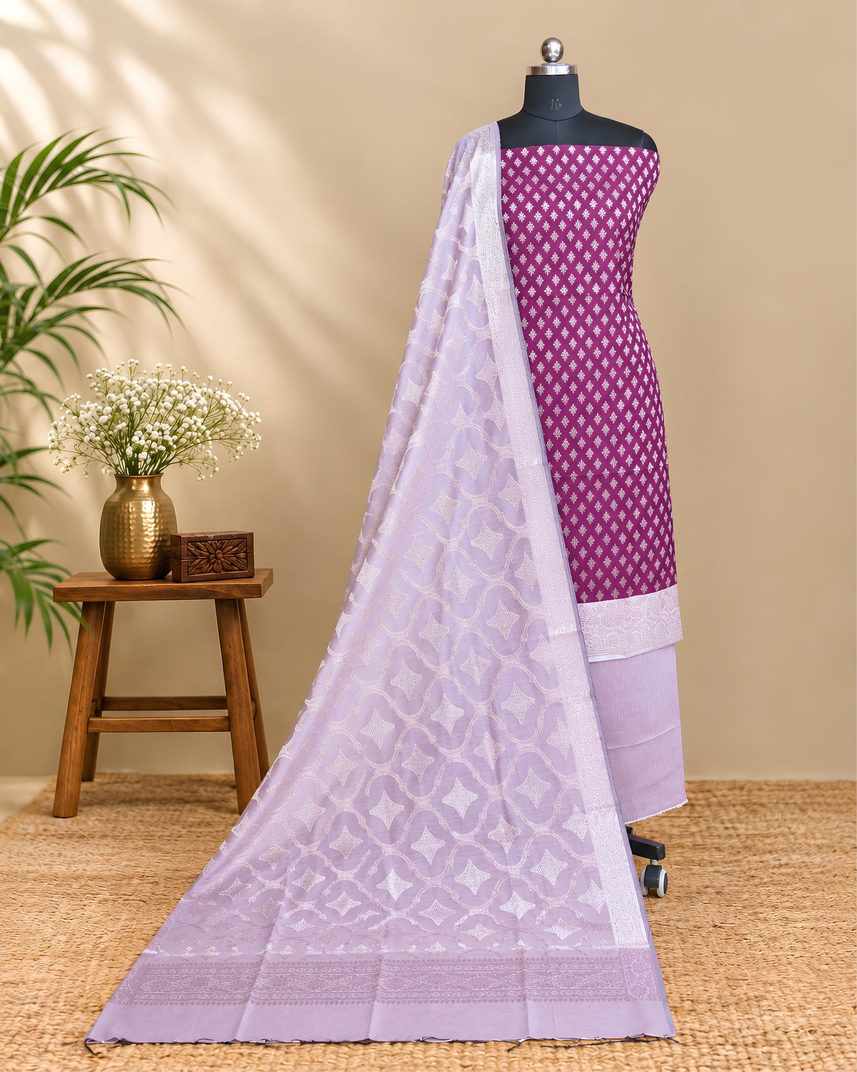 Silk cotton chudi set in lavender and magenta colors by S Fabs, featuring traditional jewelry and fabric details.