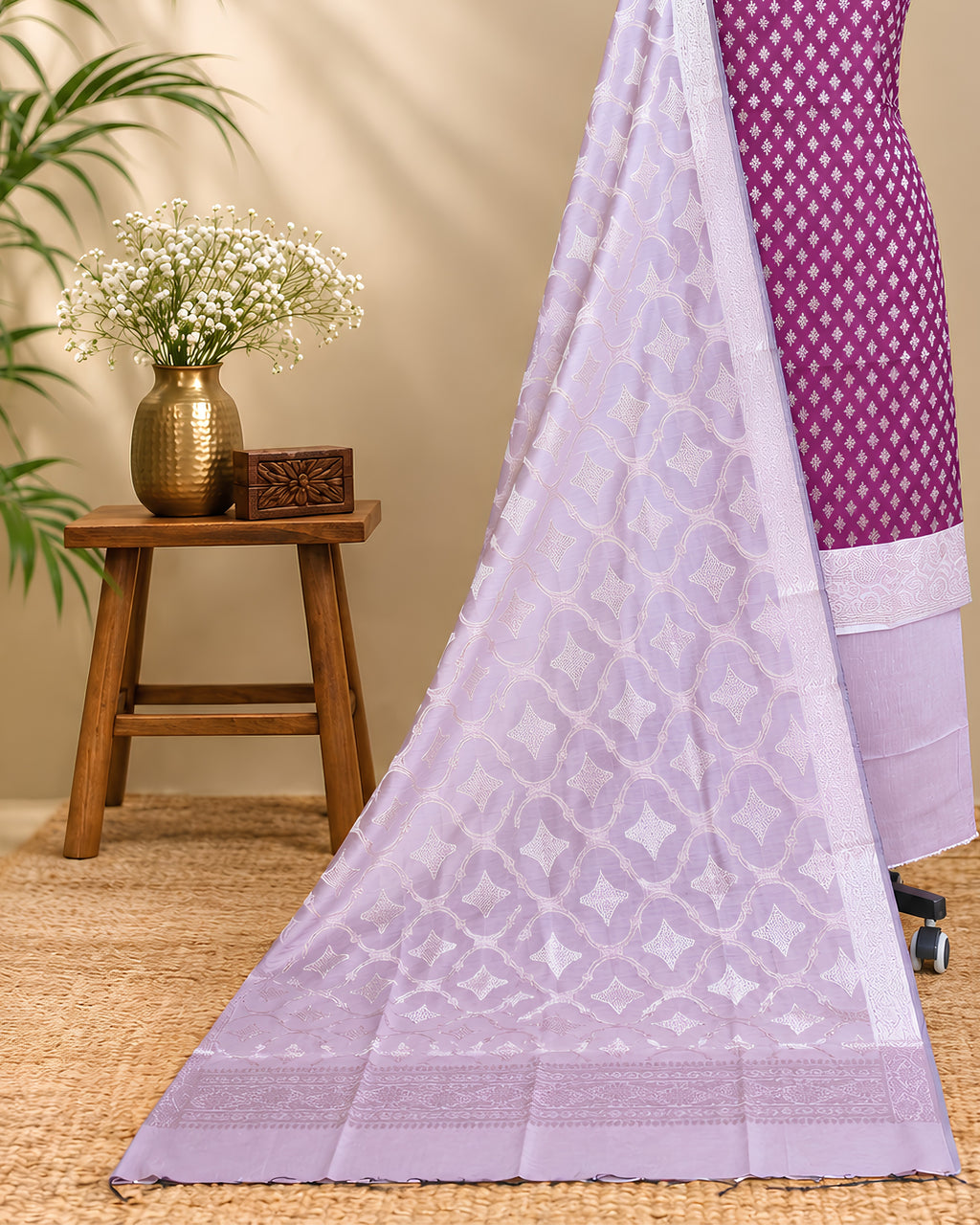 Lavender and magenta silk cotton chudi set with intricate detailing, designed by S Fabs.