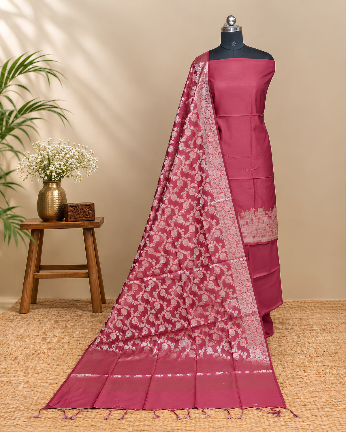 Maroon silk cotton Banarasi dupatta with intricate gold zari work, showcasing luxurious traditional Indian textile from S Fabs.