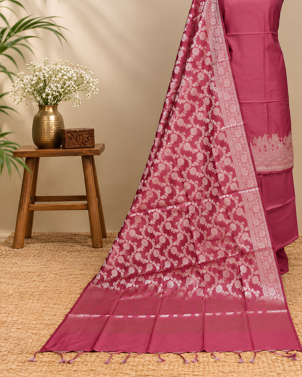 Maroon silk cotton Banarasi dupatta with intricate gold zari work, crafted by S Fabs, displayed flat with detailed weaving patterns.