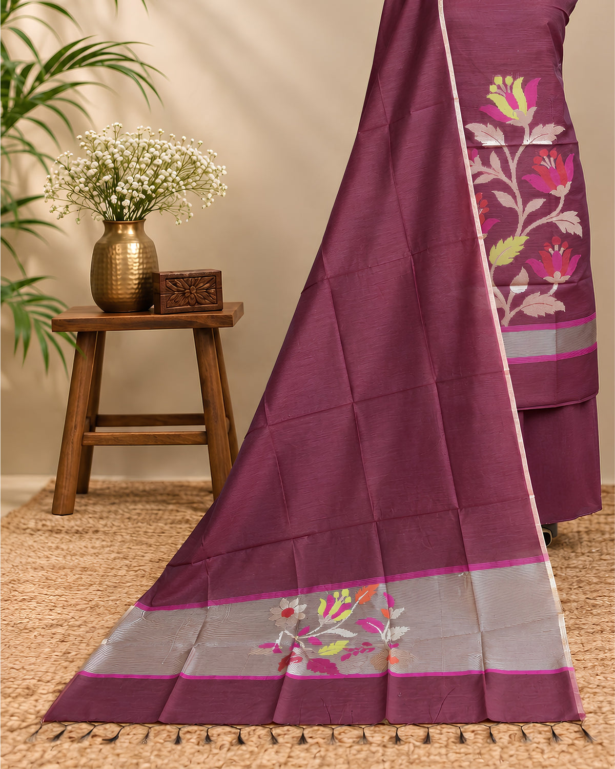 Maroon Chanderi Jamdani Chudi set from S Fabs featuring intricate traditional weaving and detailed craftsmanship.