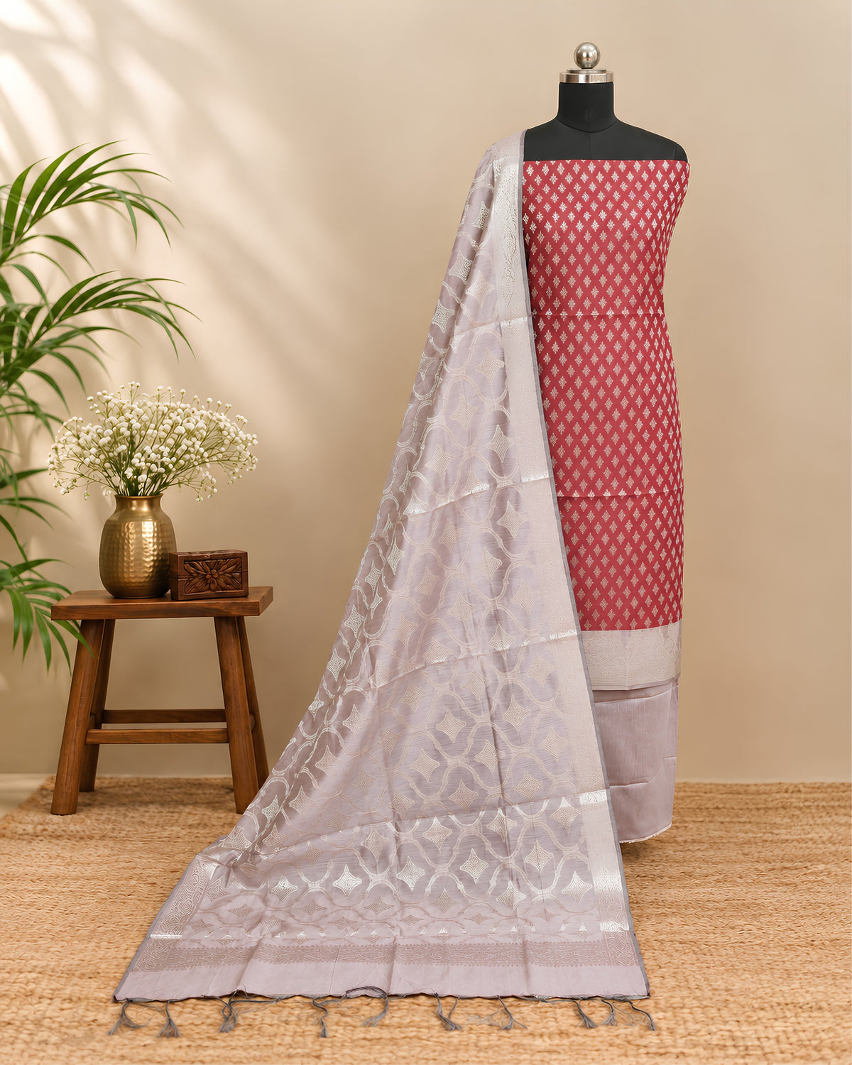 Maroon and dusty rose silk cotton chudi set by S Fabs, featuring traditional bangles with intricate design and vibrant colors.