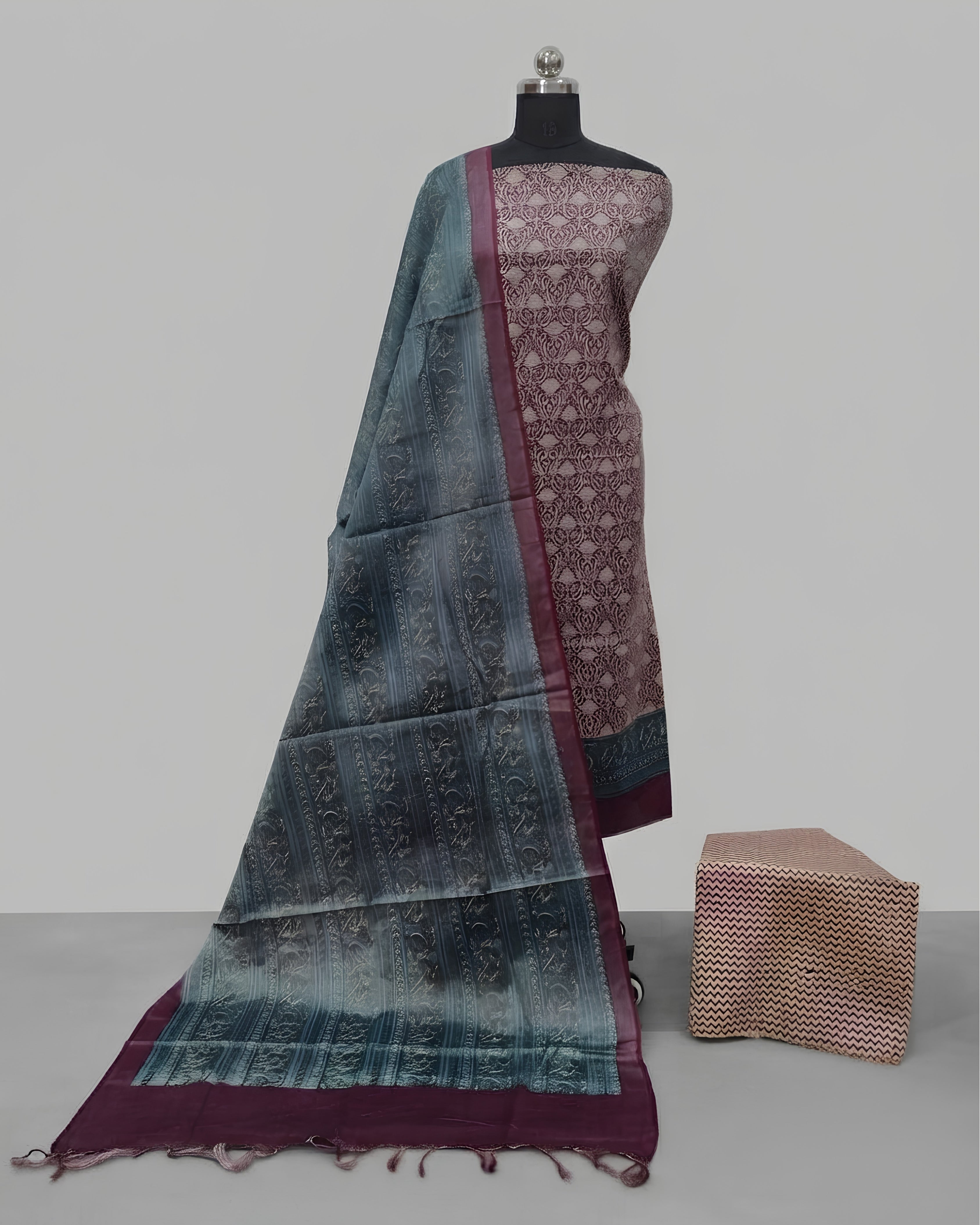 TISSUE SILK DIGITAL CHUDI SETS -MAROON WITH SALTE BLUE