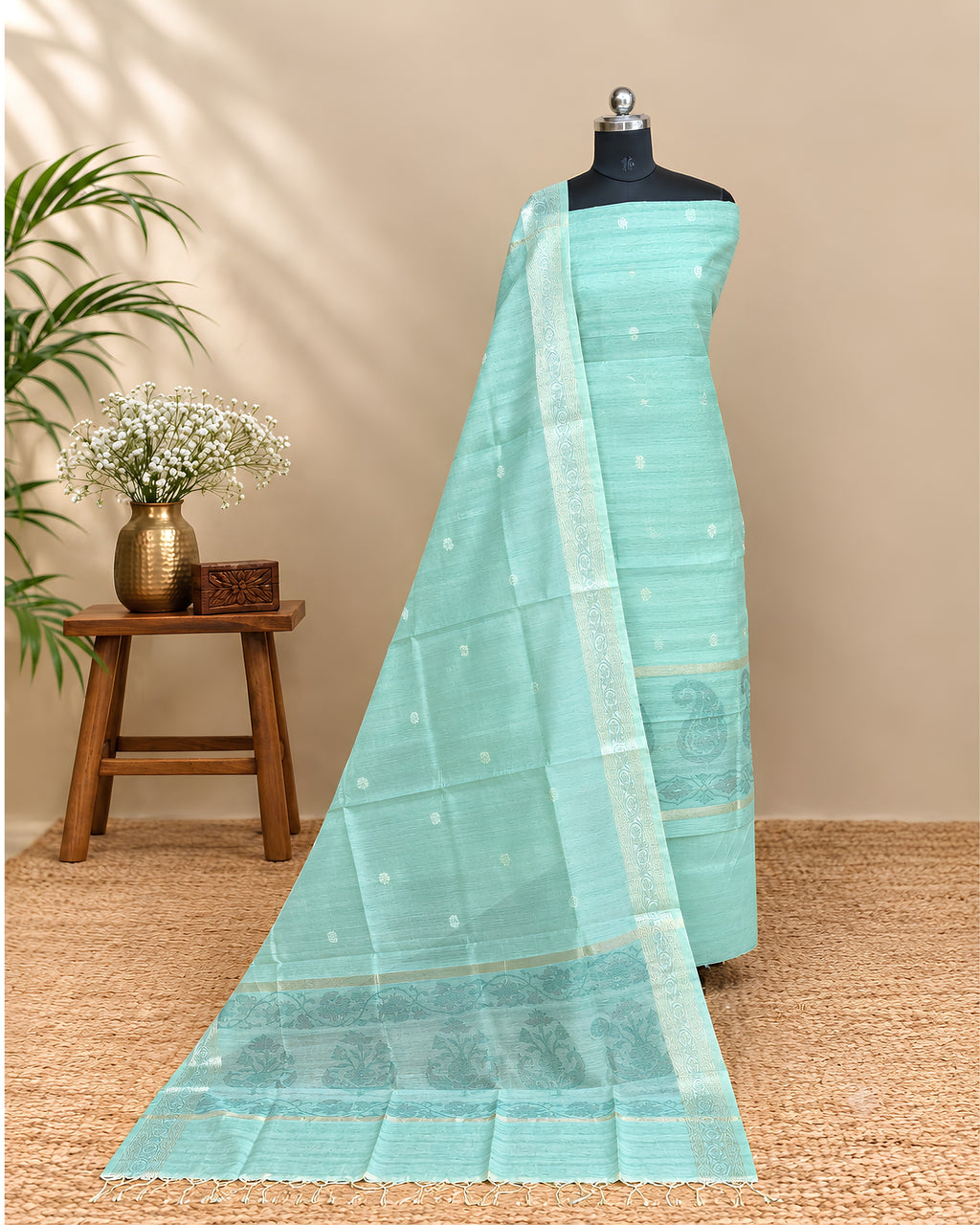 Mint green Chanderi Tani print fabric by S Fabs, showcasing intricate traditional patterns and soft, textured material.