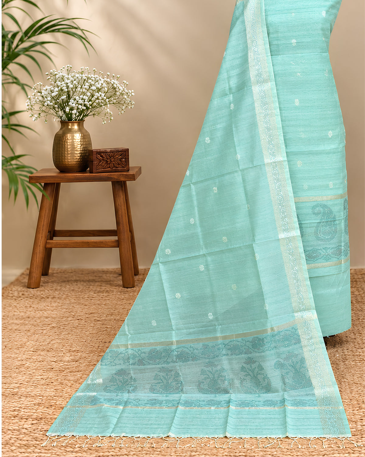 Mint green Chanderi Tani print fabric by S Fabs, showcasing intricate traditional design on smooth, lightweight material.
