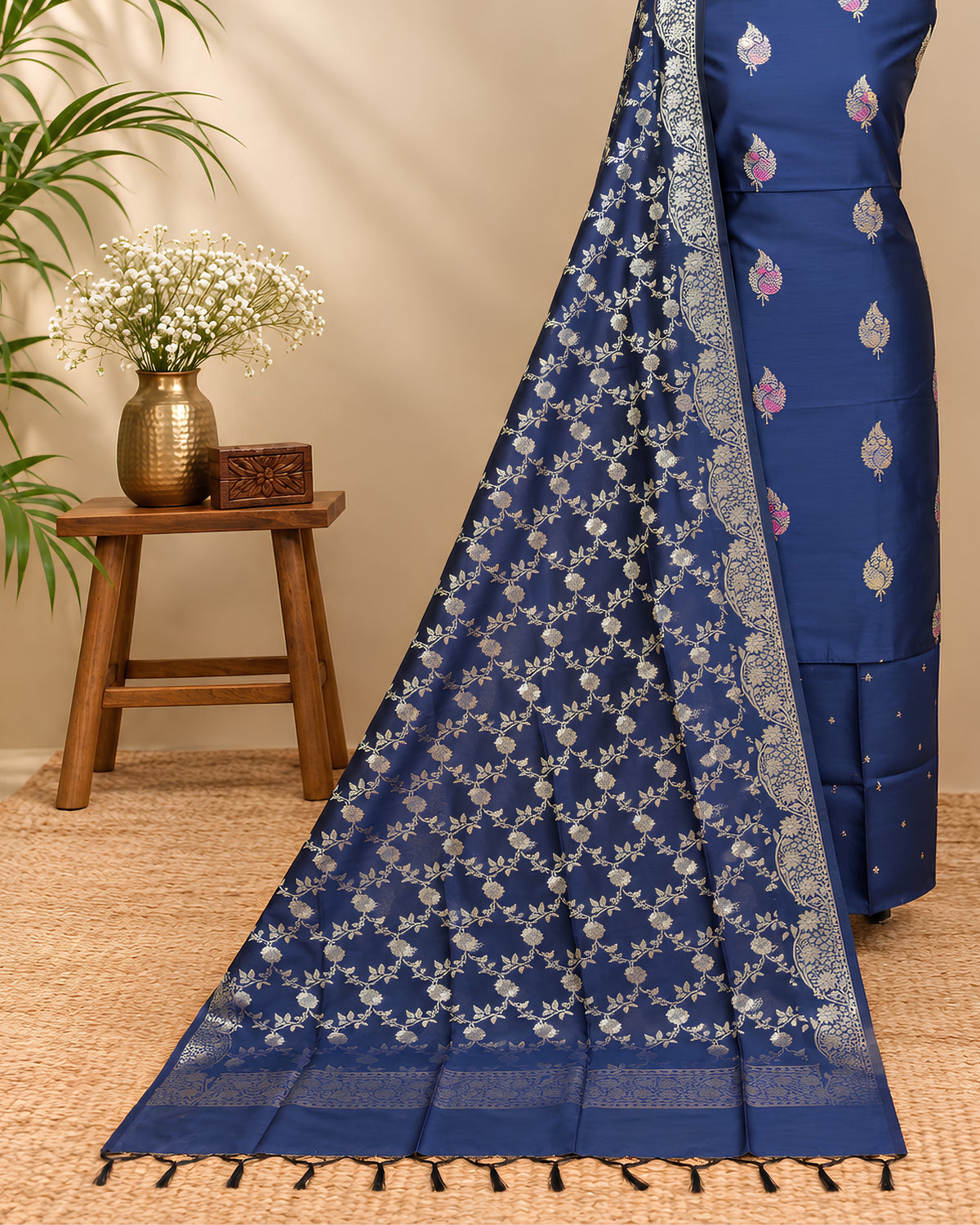 Navy blue Banarasi chudi set made from luxurious material by S Fabs, featuring traditional intricate design and glossy finish.
